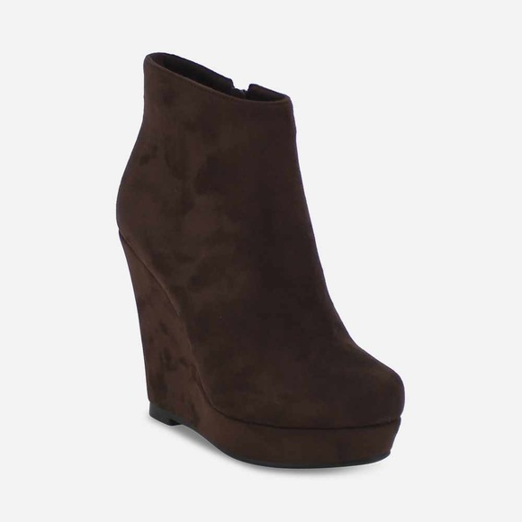High Heeled Wedge Zip Ankle Platfrom Boots in Coffee Brown Faux Suede - Women’s - Picture 4 of 5